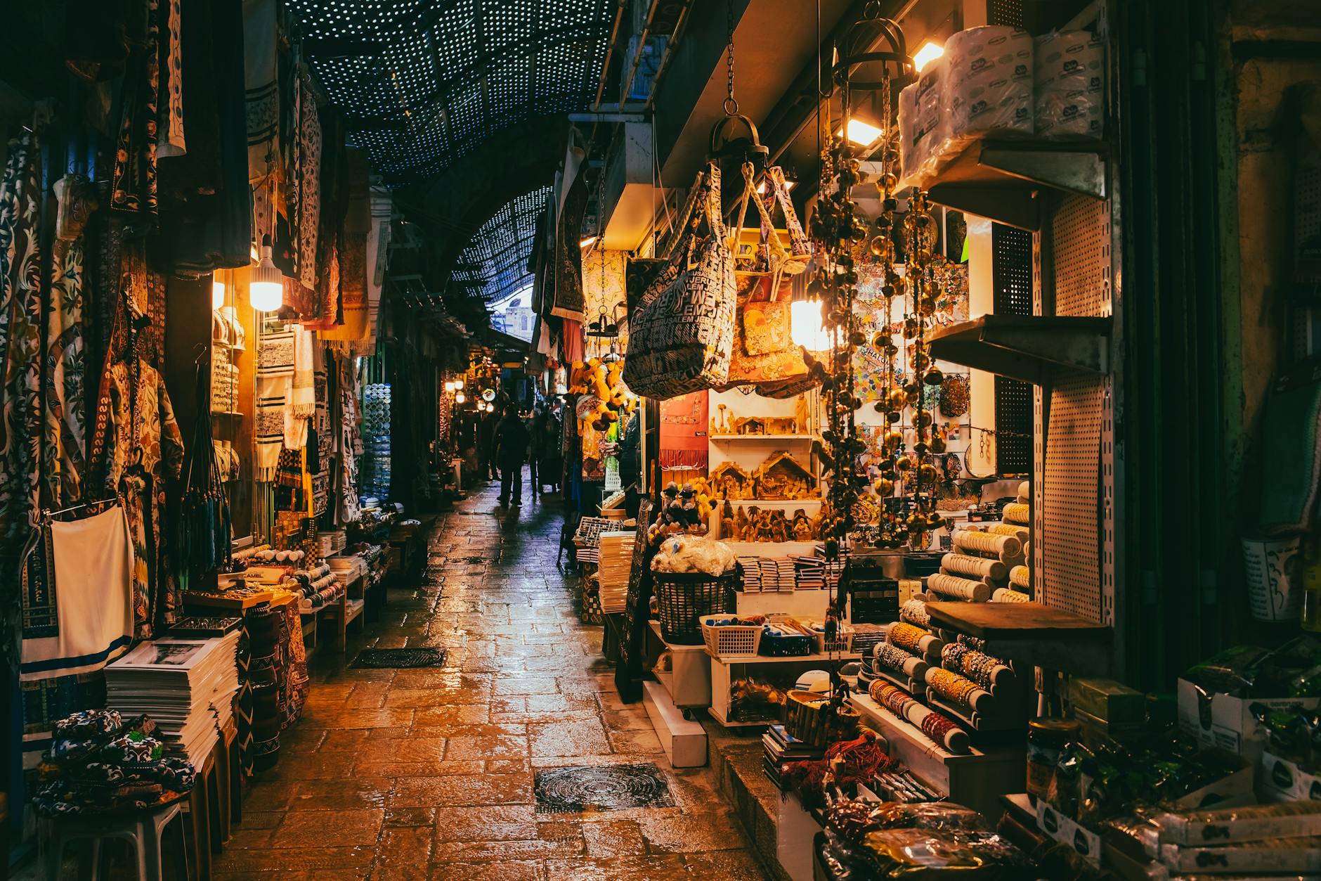 Ben Yehuda Street in Jerusalem city center lit up at night with cafes and shops