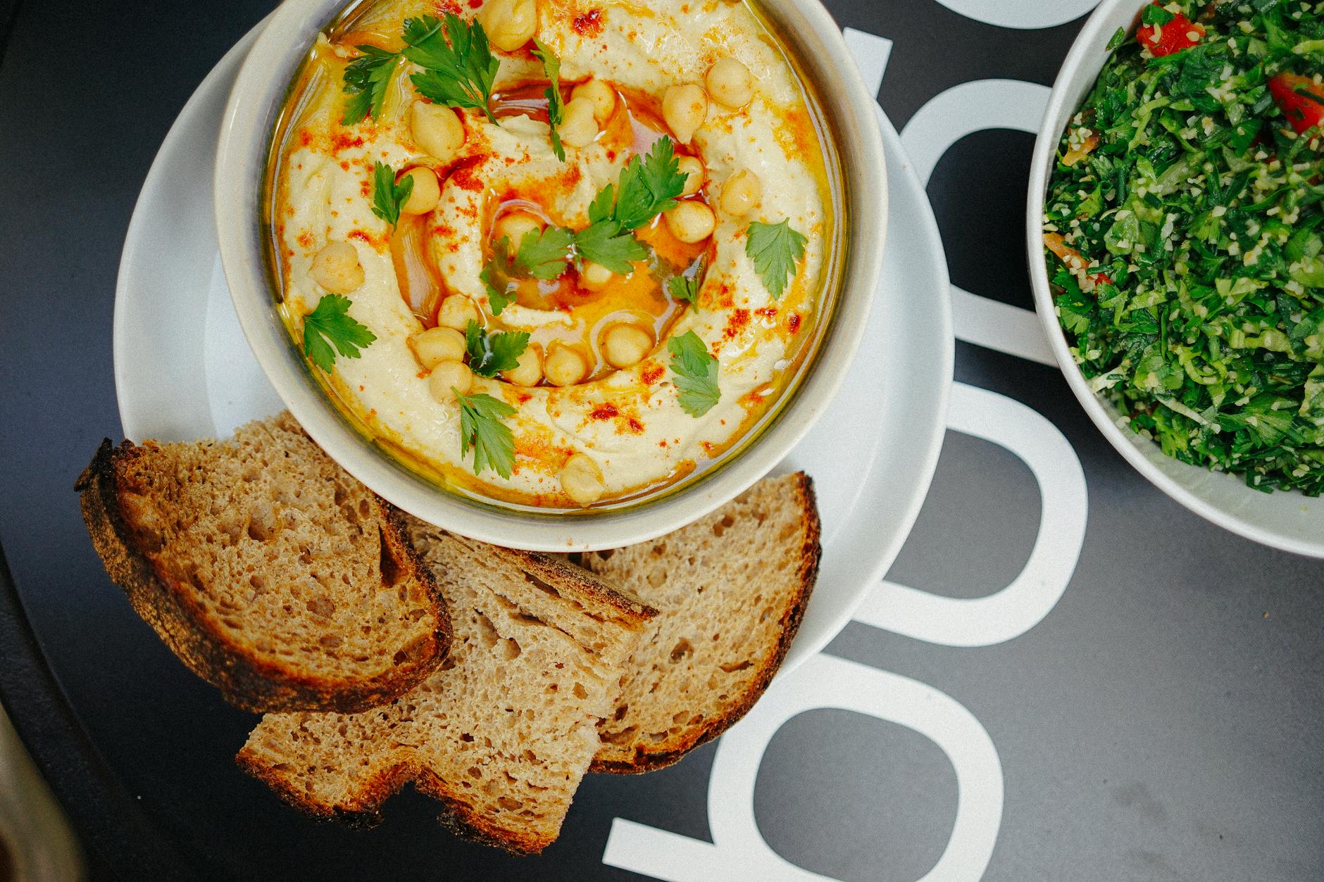 Plate of Israeli salads and dips at a kosher Jerusalem restaurant