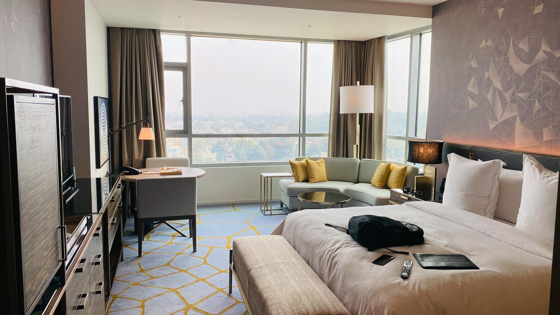 Elegant hotel room with city view of Jerusalem and luxurious furnishings