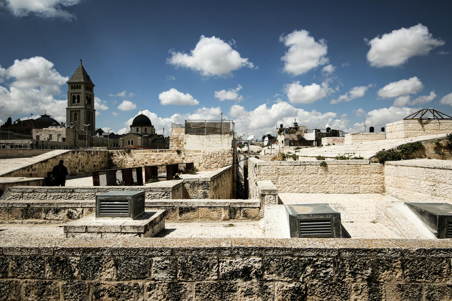 View from Jerusalem Old City wall ramparts looking down on rooftops and golden domes