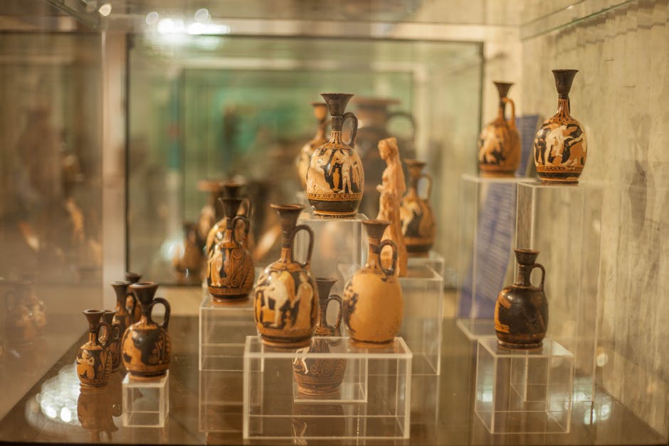 Ancient pottery and artifacts archaeology museum display