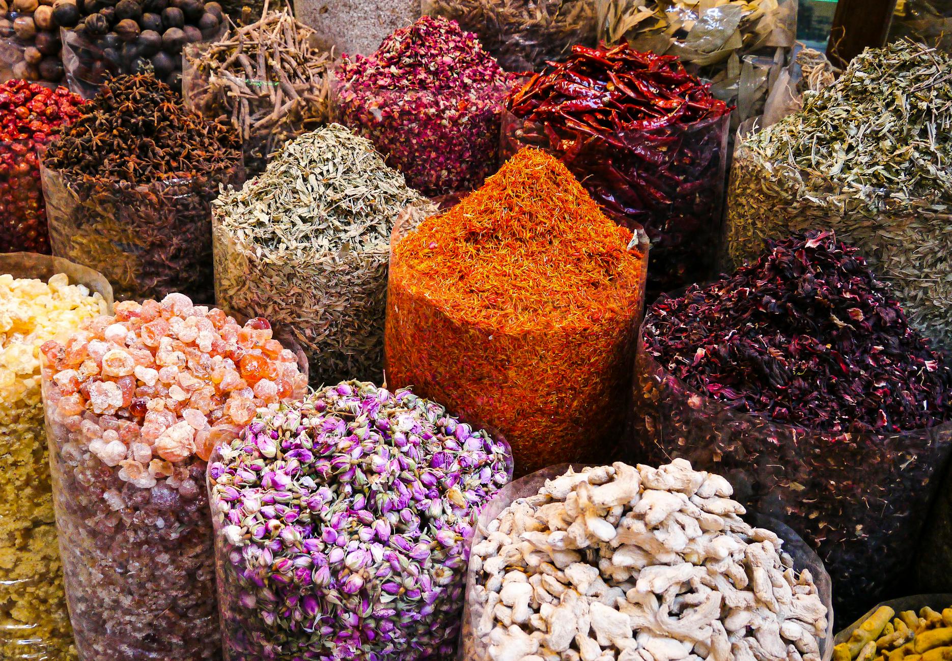 Muslim Quarter Jerusalem souk with spices and colorful goods