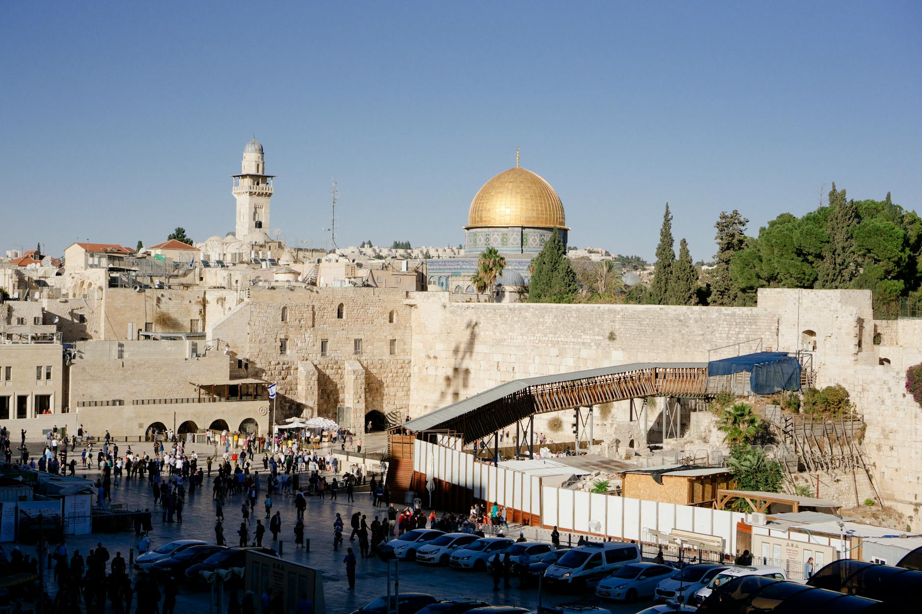 Sunrise over Jerusalem Old City showing Dome of the Rock and ancient walls