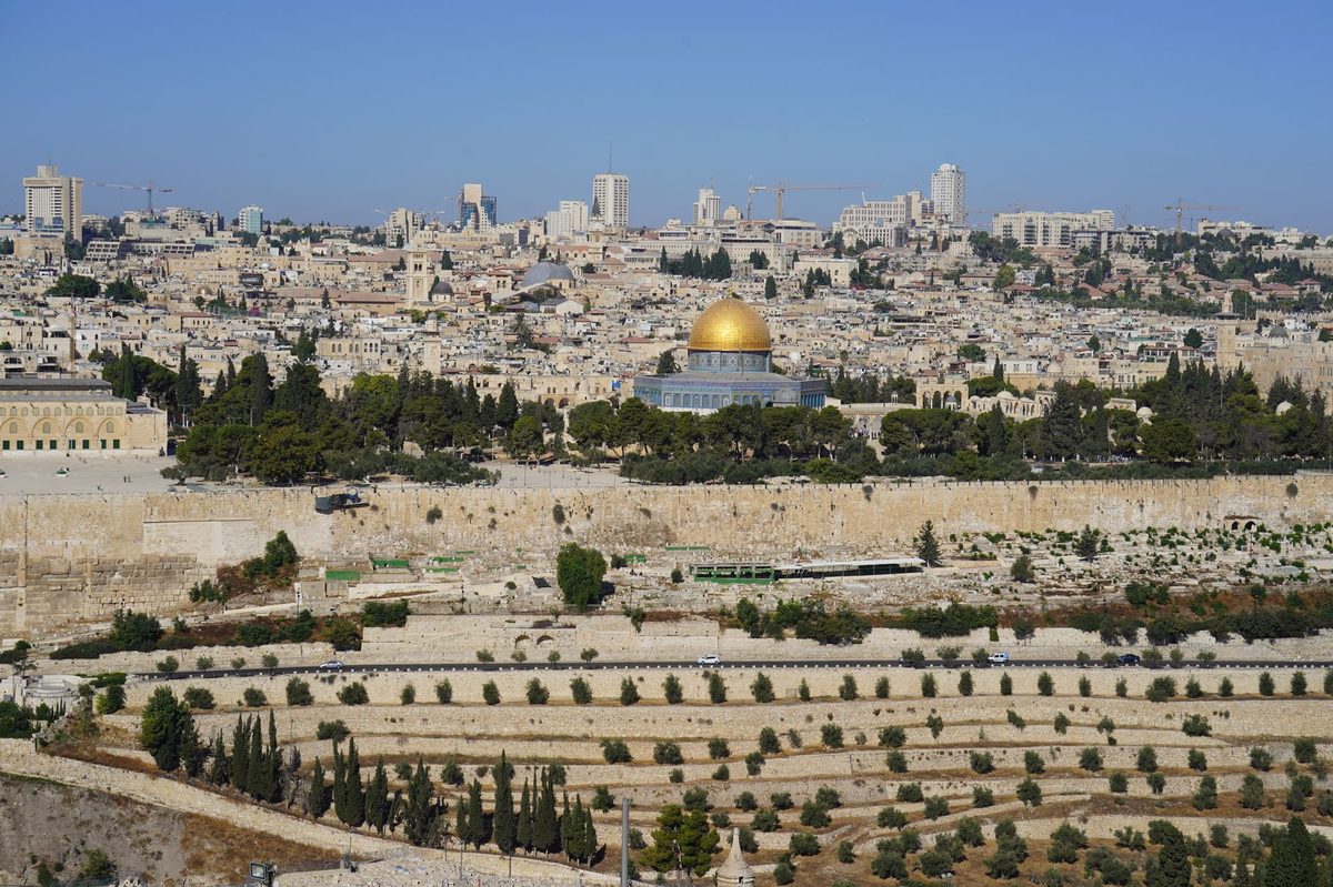 Classic panorama of Jerusalem with the golden Dome of the Rock from the Mount of Olives viewpoint