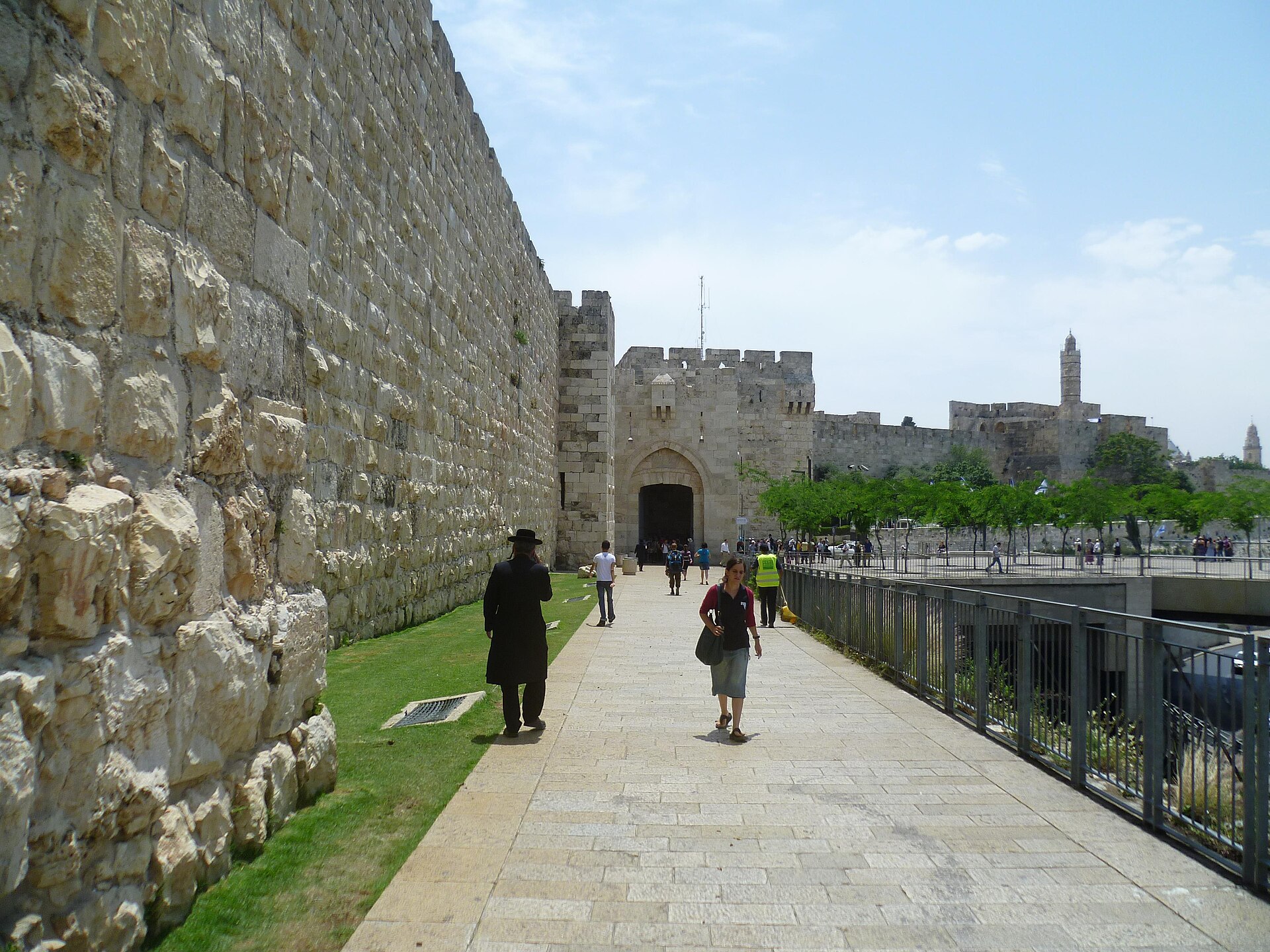 Jaffa Gate in the Old City walls of Jerusalem, with the Tower of David citadel and its minaret rising on the right
