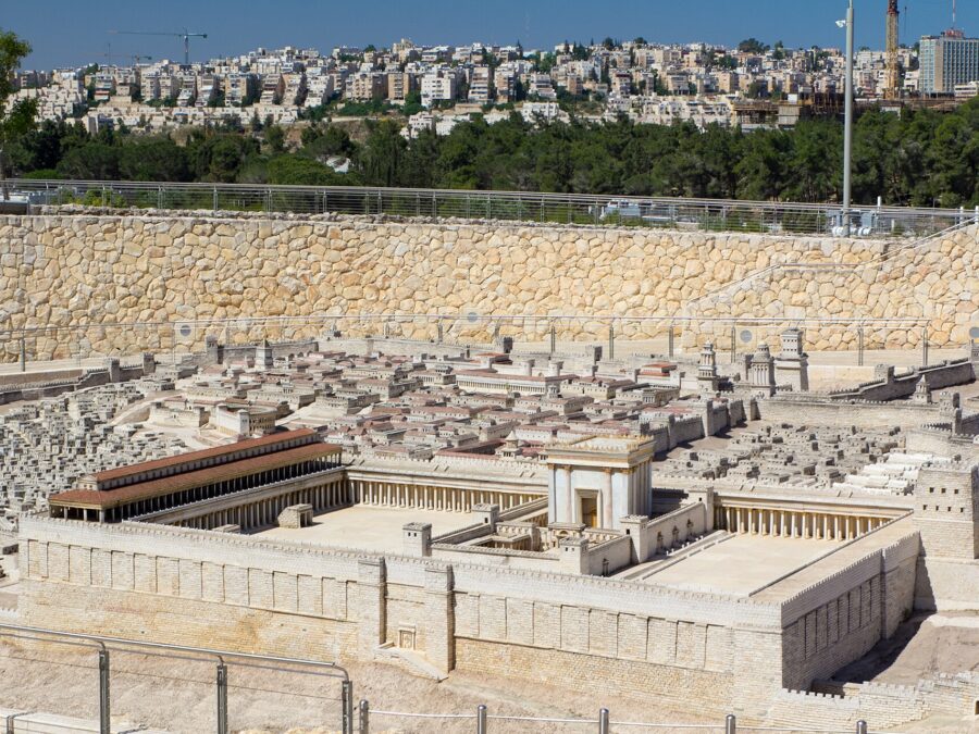 The Second Temple and its courts on the 1:50 model of ancient Jerusalem at the Israel Museum, with modern Jerusalem housing on the hills behind