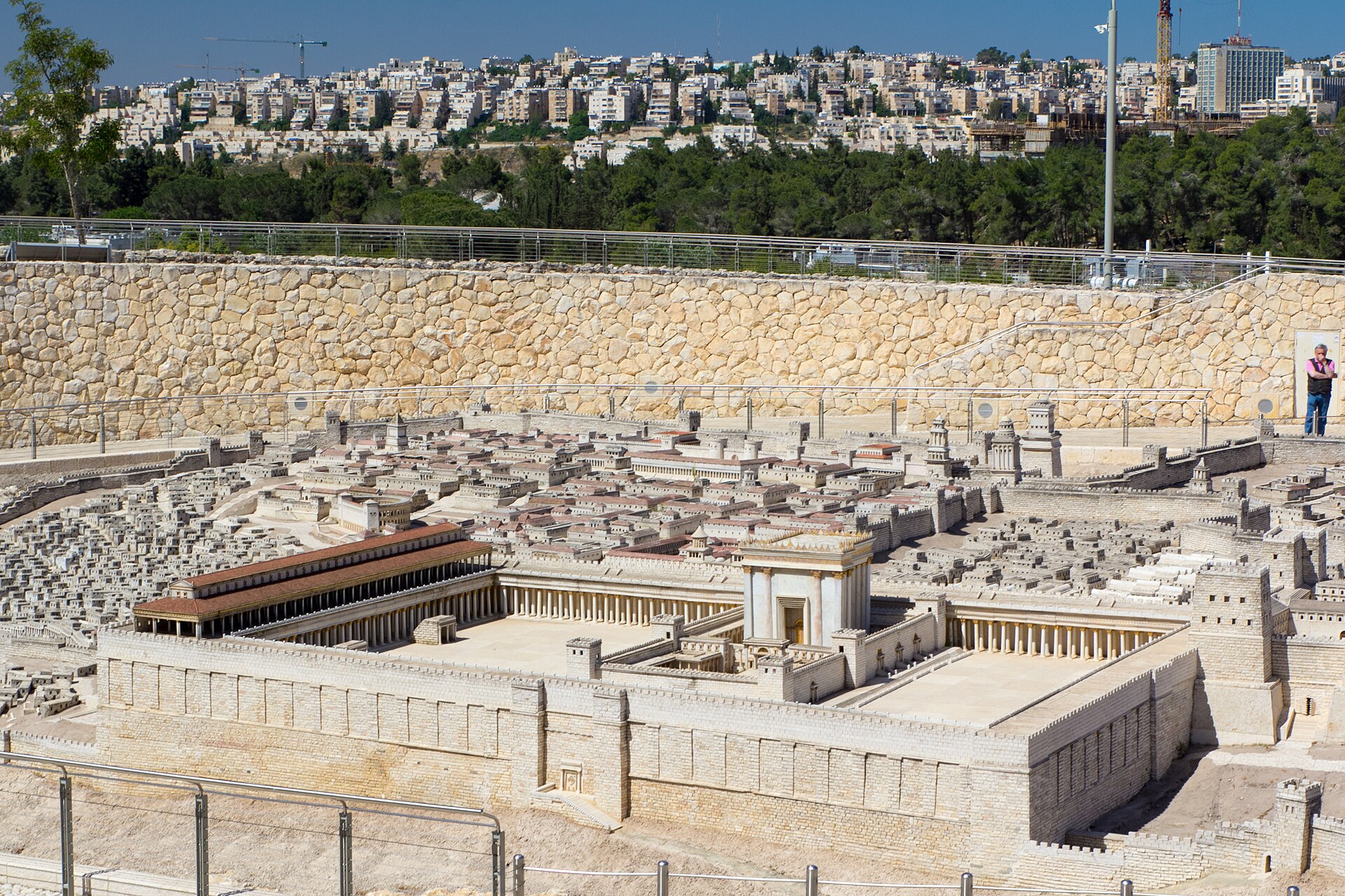 The Second Temple and its courts on the 1:50 model of ancient Jerusalem at the Israel Museum, with modern Jerusalem housing on the hills behind