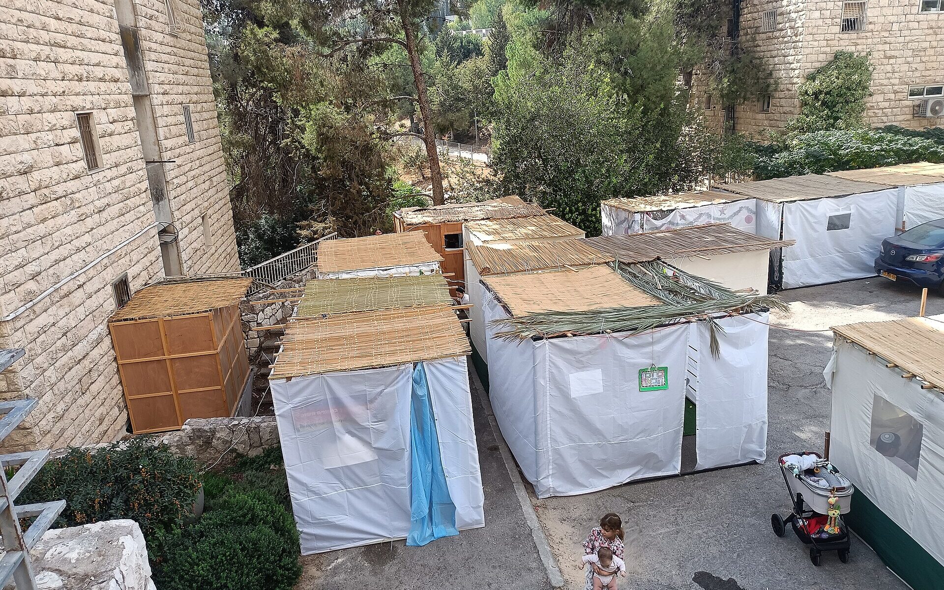 Rows of sukkah booths with palm-frond roofs filling a residential courtyard in Jerusalem during Sukkot