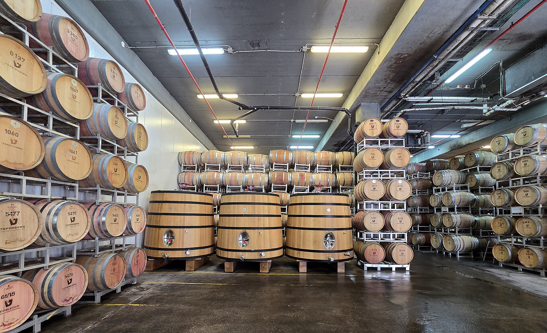 Wine cellar at the Teperberg winery in Kibbutz Tzora, with racks of numbered oak barrels and three large wooden vats on a concrete floor
